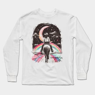 Moonlit Equestrian Dreams: Mystical Horseback Rider Under Starry Crescent Moon Art Long Sleeve T-Shirt